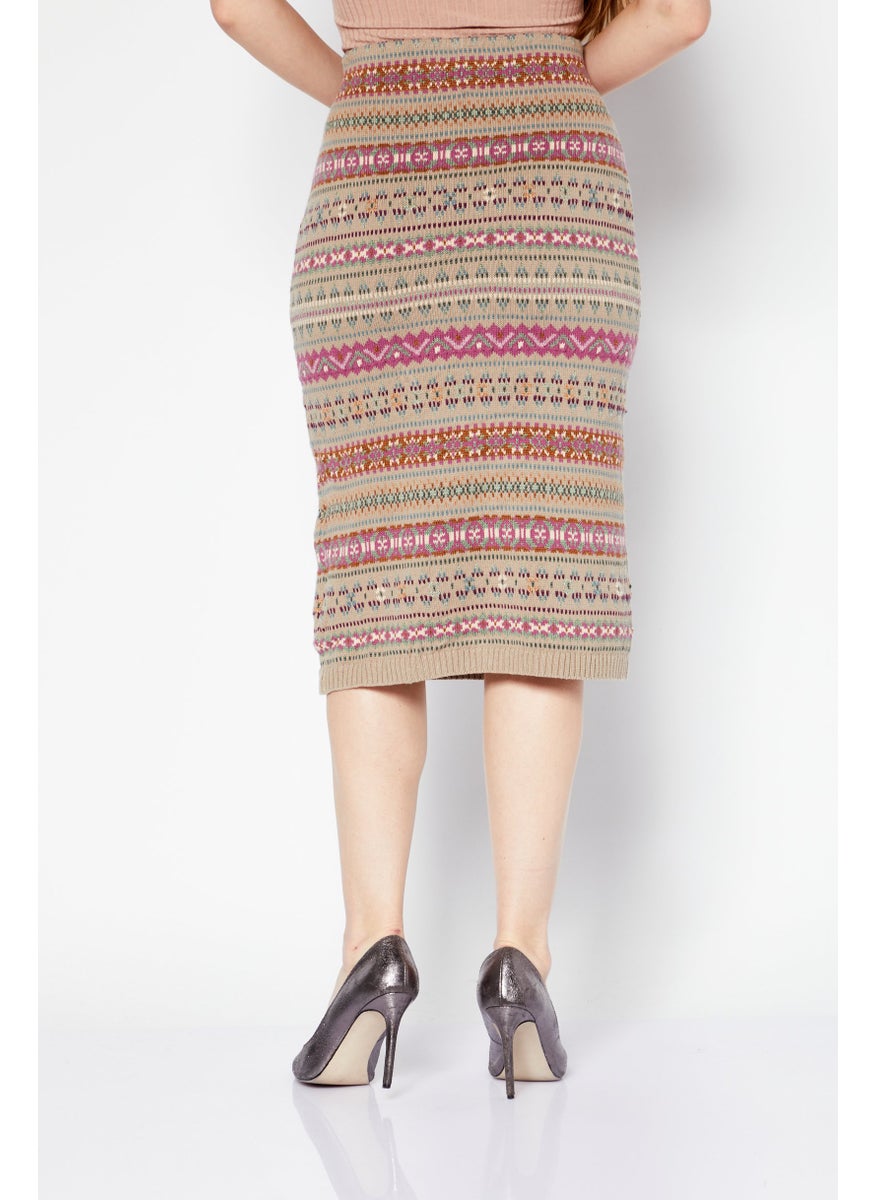 Women Allover Print Midi Skirt, Beige Combo