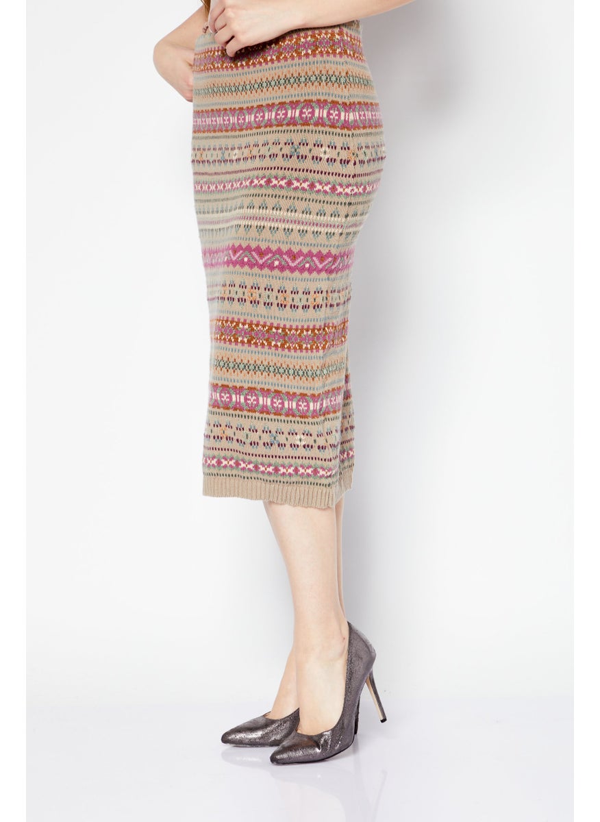 Women Allover Print Midi Skirt, Beige Combo
