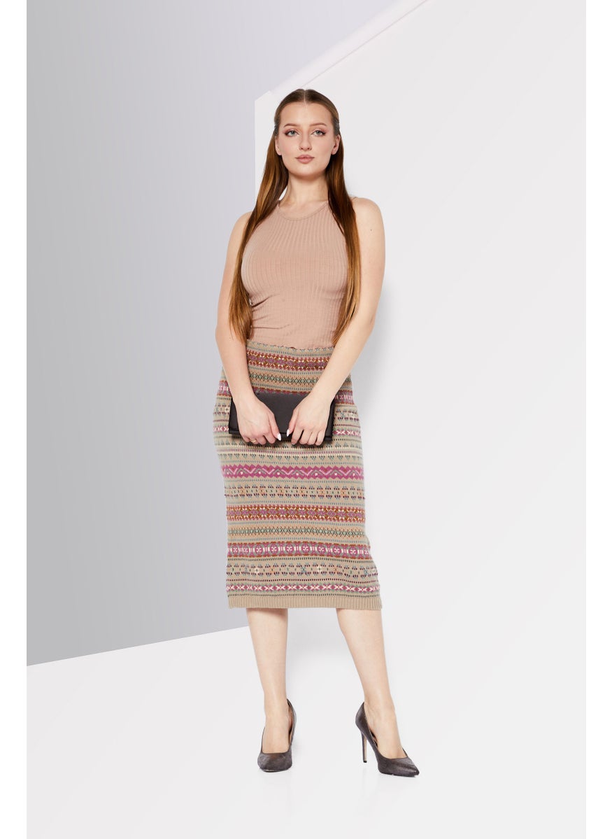 Women Allover Print Midi Skirt, Beige Combo