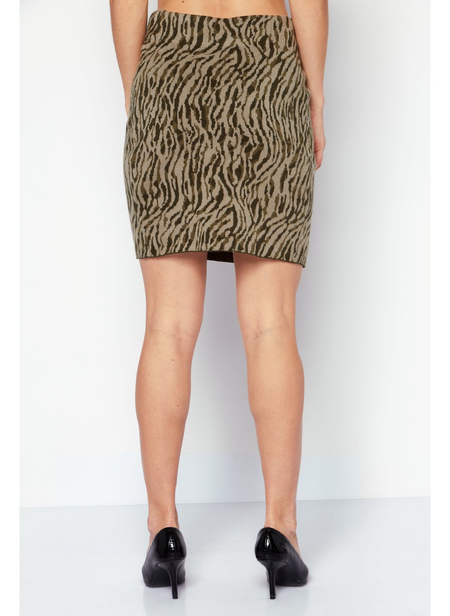 Women Animal Pattern Mini Skirt, Olive Combo