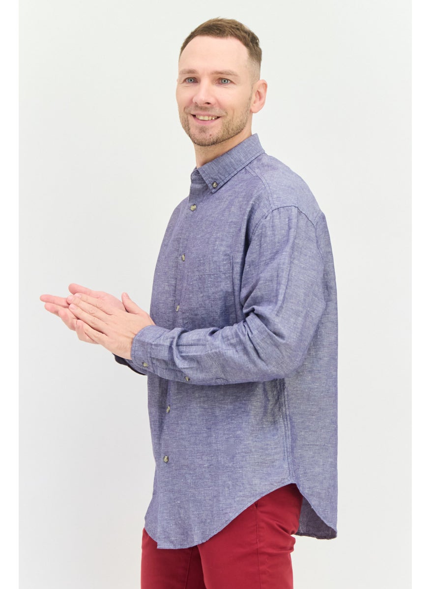 Men Regular Fit Plain Long Sleeves Casual Shirt, Blue