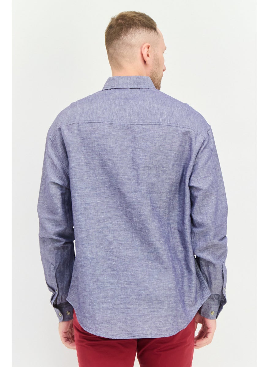 Men Regular Fit Plain Long Sleeves Casual Shirt, Blue