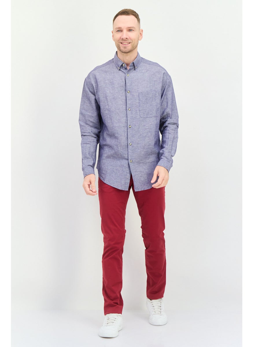 Men Regular Fit Plain Long Sleeves Casual Shirt, Blue