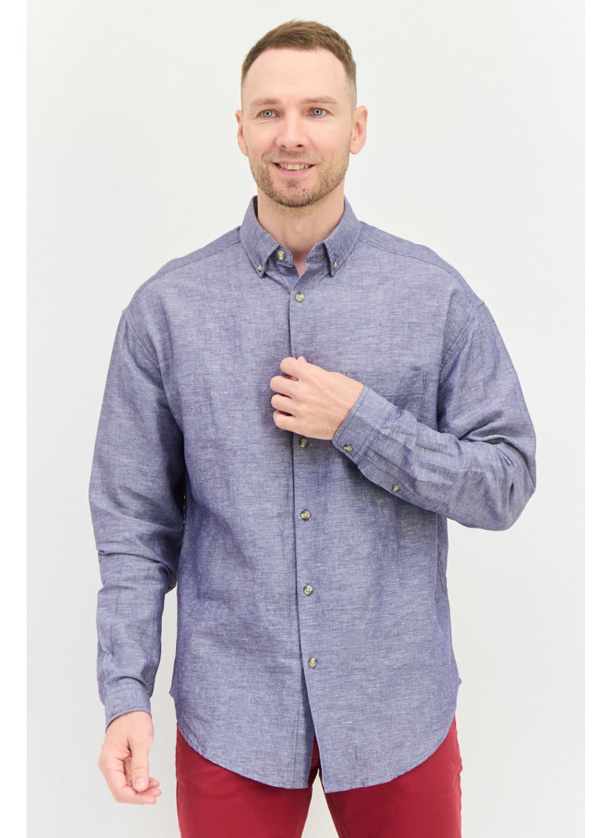 Men Regular Fit Plain Long Sleeves Casual Shirt, Blue