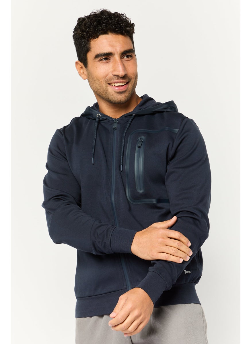 Men Brand Logo Long Sleeves Hoodies, Navy Blue
