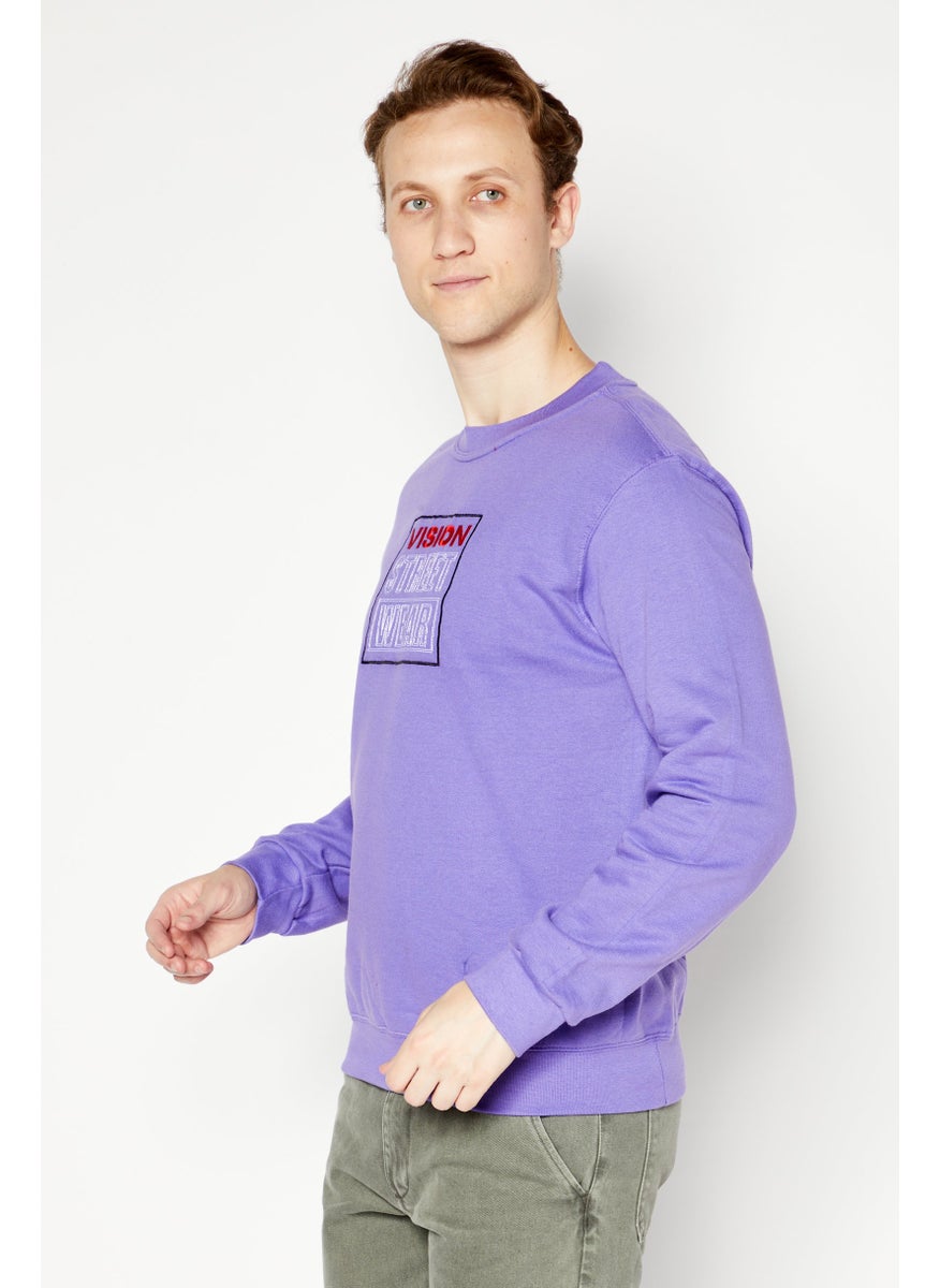 Men Crew Neck Long Sleeve Embroidered Logo Sweatshirt, Purple