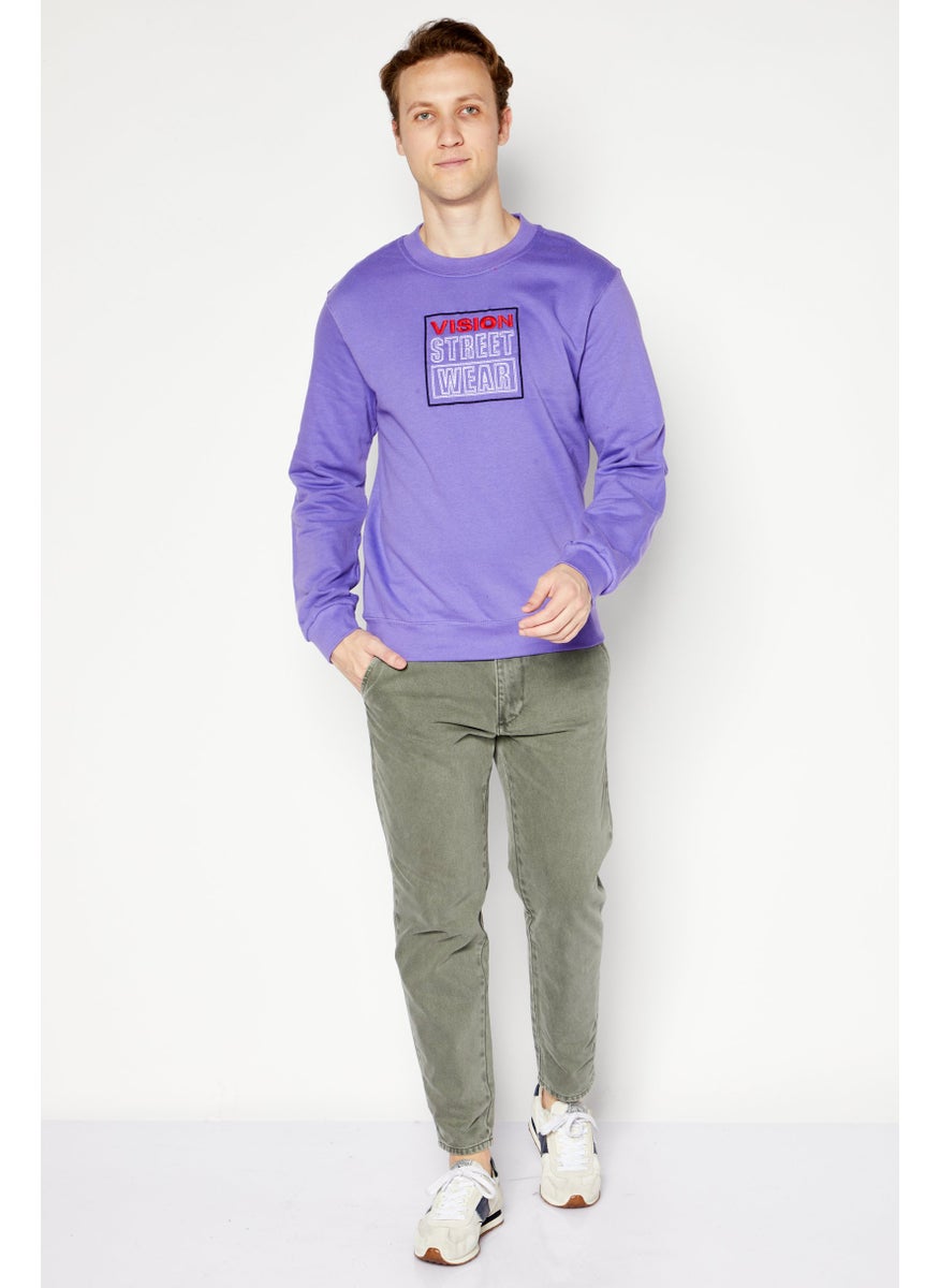 Men Crew Neck Long Sleeve Embroidered Logo Sweatshirt, Purple