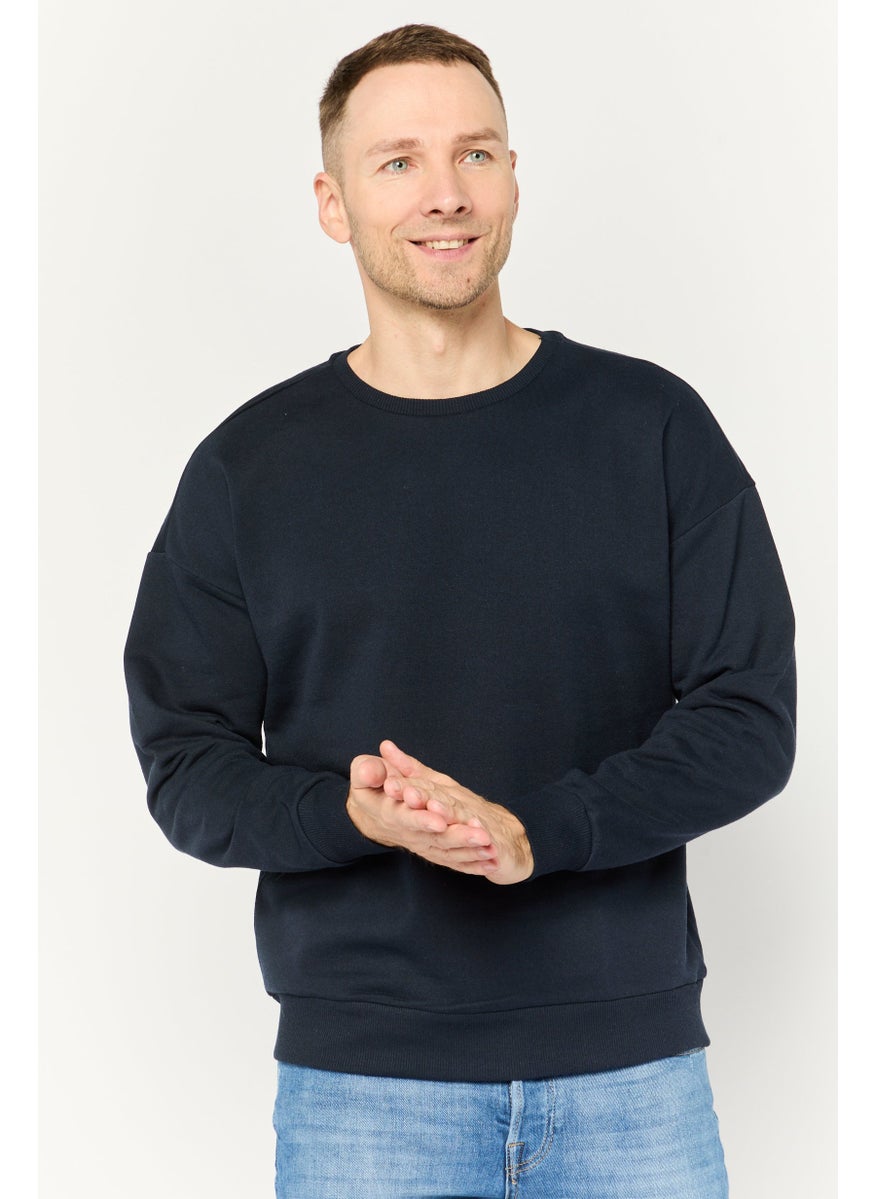 Men Crew Neck Plain Sweatshirt, Navy Blue