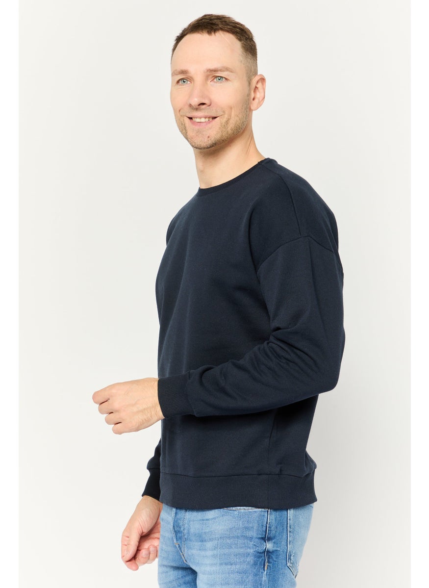 Men Crew Neck Plain Sweatshirt, Navy Blue
