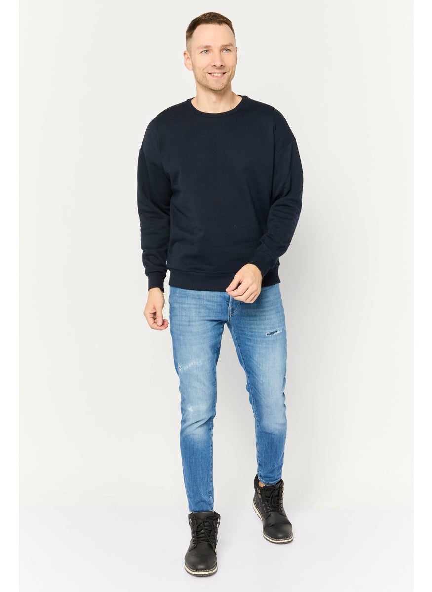 Men Crew Neck Plain Sweatshirt, Navy Blue