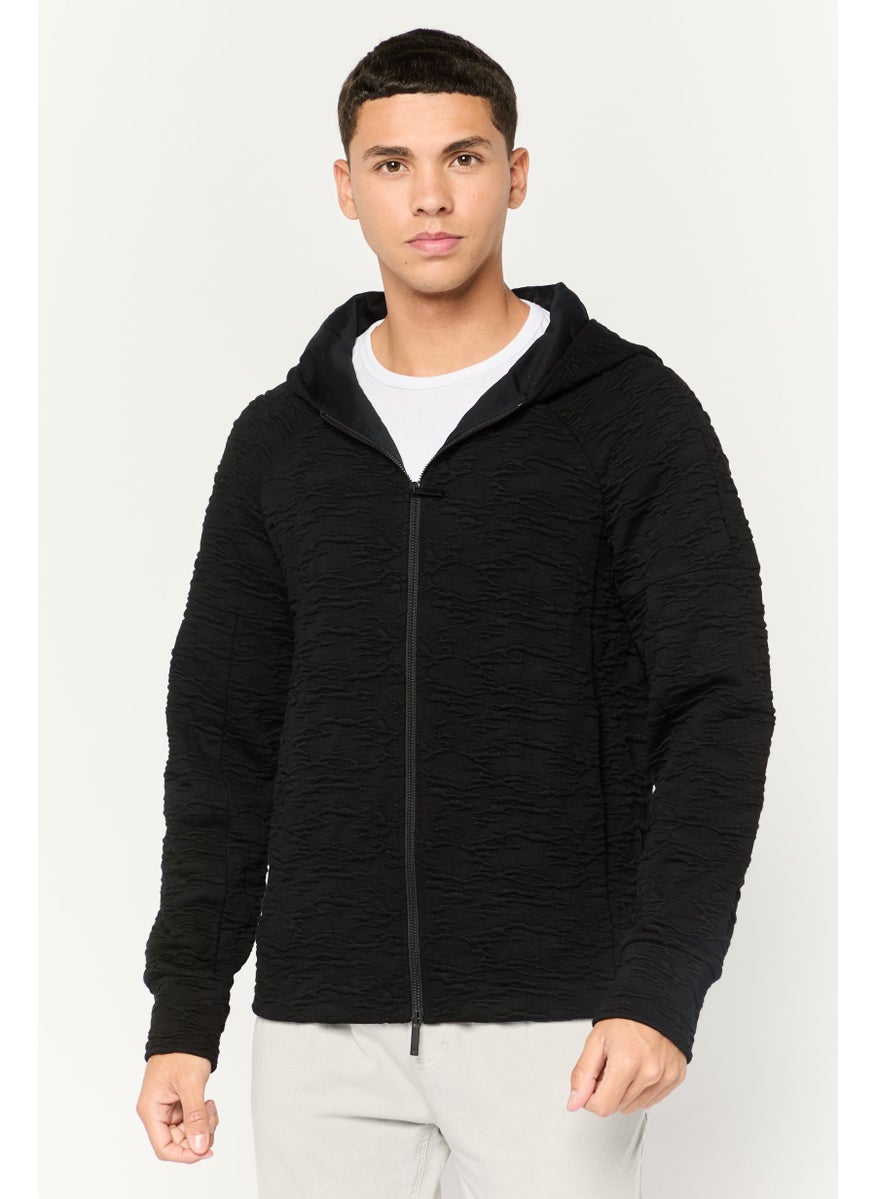 Men Hooded Textured  Long Sleeves Sweatshirt, Black