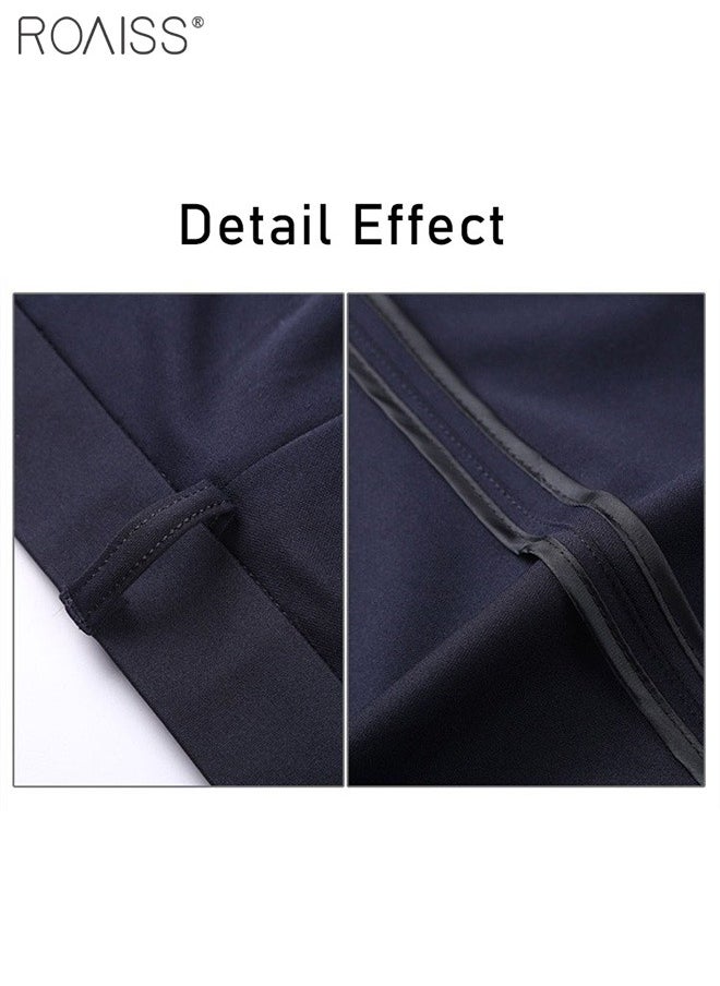 Men's Fashion Casual Business Pants Summer Light Thin High Elastic Classic Navy Blue Suit Pants Skintight Wrinkle-Resistant High Waist Straight Trousers with Pockets on Both Sides