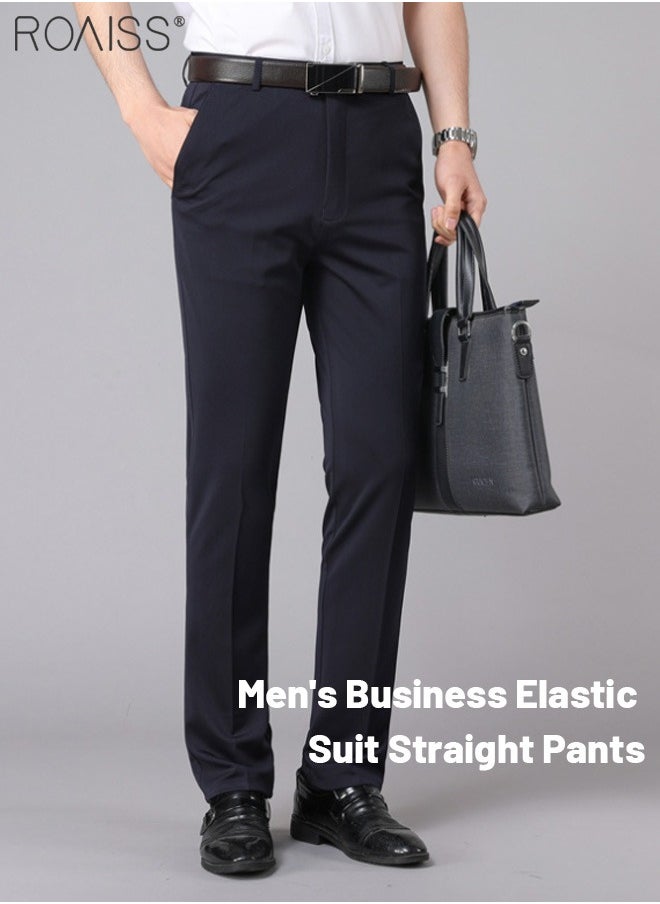 Men's Fashion Casual Business Pants Summer Light Thin High Elastic Classic Navy Blue Suit Pants Skintight Wrinkle-Resistant High Waist Straight Trousers with Pockets on Both Sides