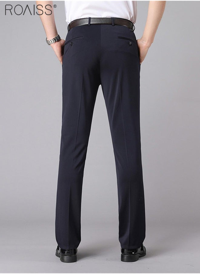 Men's Fashion Casual Business Pants Summer Light Thin High Elastic Classic Navy Blue Suit Pants Skintight Wrinkle-Resistant High Waist Straight Trousers with Pockets on Both Sides