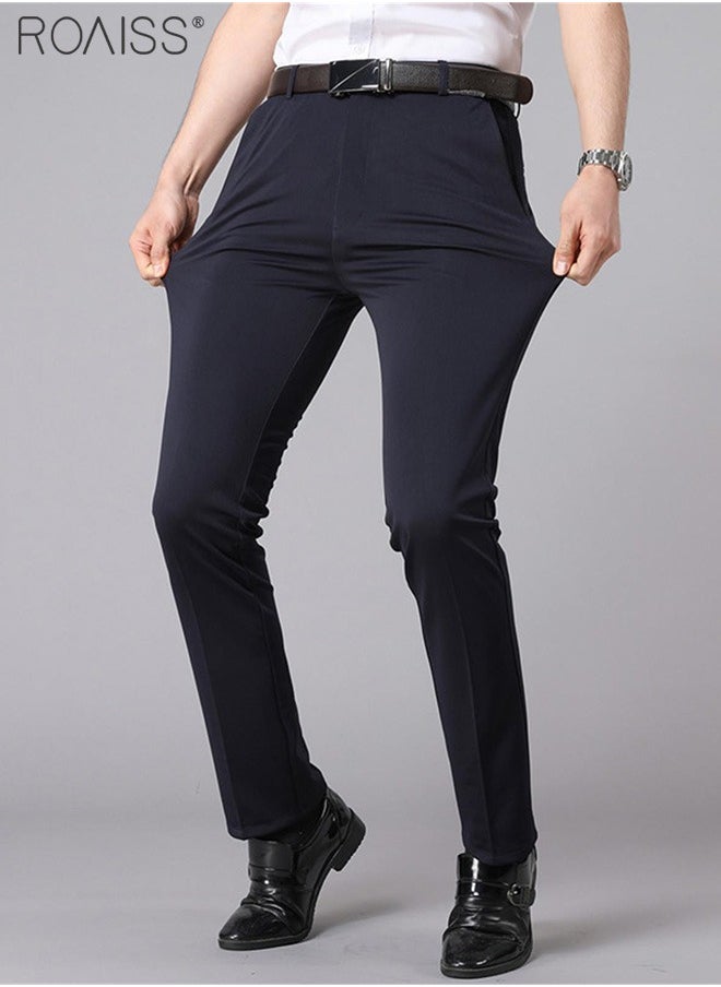 Men's Fashion Casual Business Pants Summer Light Thin High Elastic Classic Navy Blue Suit Pants Skintight Wrinkle-Resistant High Waist Straight Trousers with Pockets on Both Sides