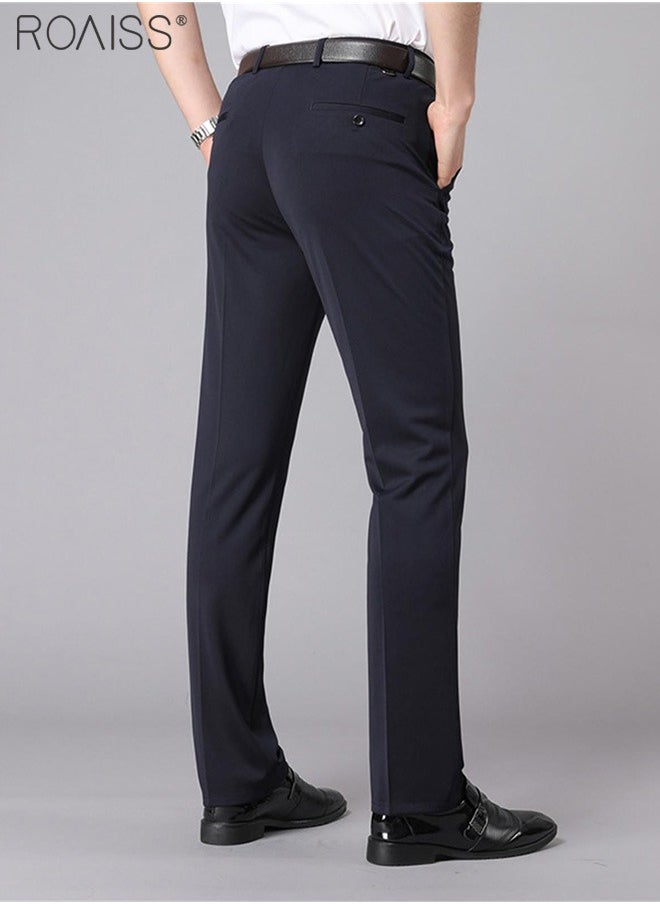 Men's Fashion Casual Business Pants Summer Light Thin High Elastic Classic Navy Blue Suit Pants Skintight Wrinkle-Resistant High Waist Straight Trousers with Pockets on Both Sides
