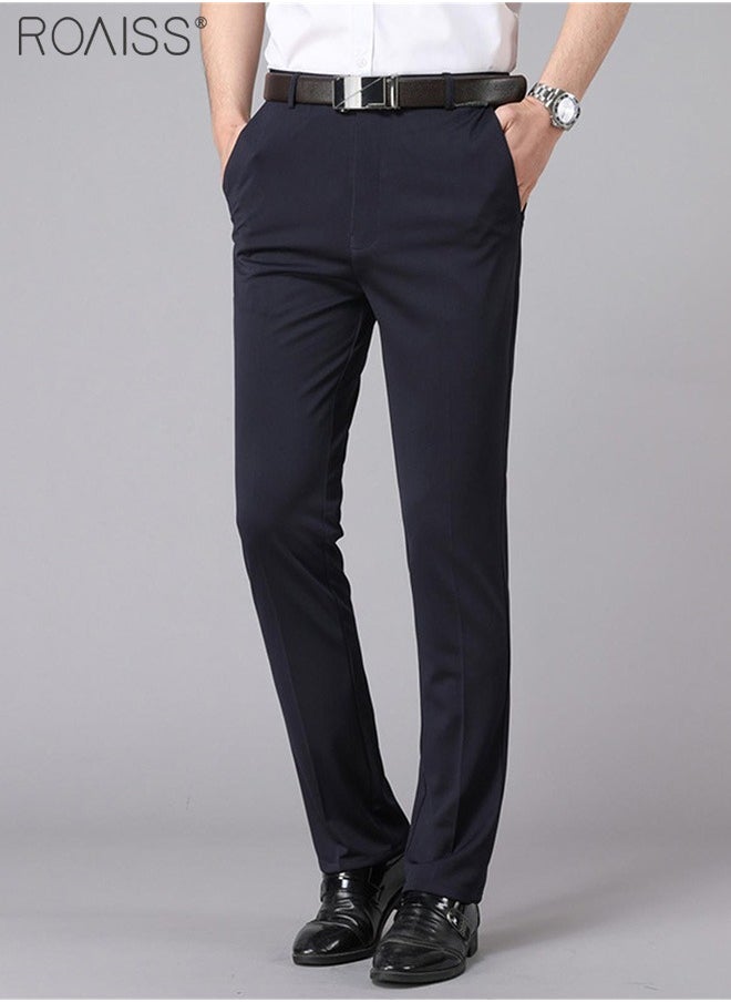 Men's Fashion Casual Business Pants Summer Light Thin High Elastic Classic Navy Blue Suit Pants Skintight Wrinkle-Resistant High Waist Straight Trousers with Pockets on Both Sides