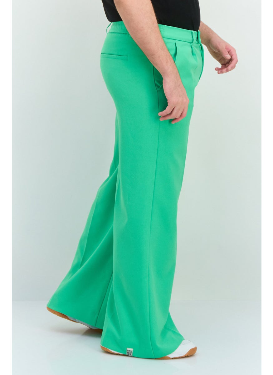 Men Regular Fit Brand Logo Wide Leg Pants, Green