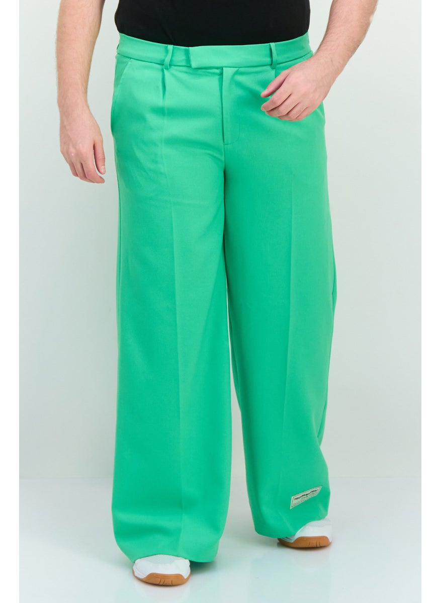 Men Regular Fit Brand Logo Wide Leg Pants, Green