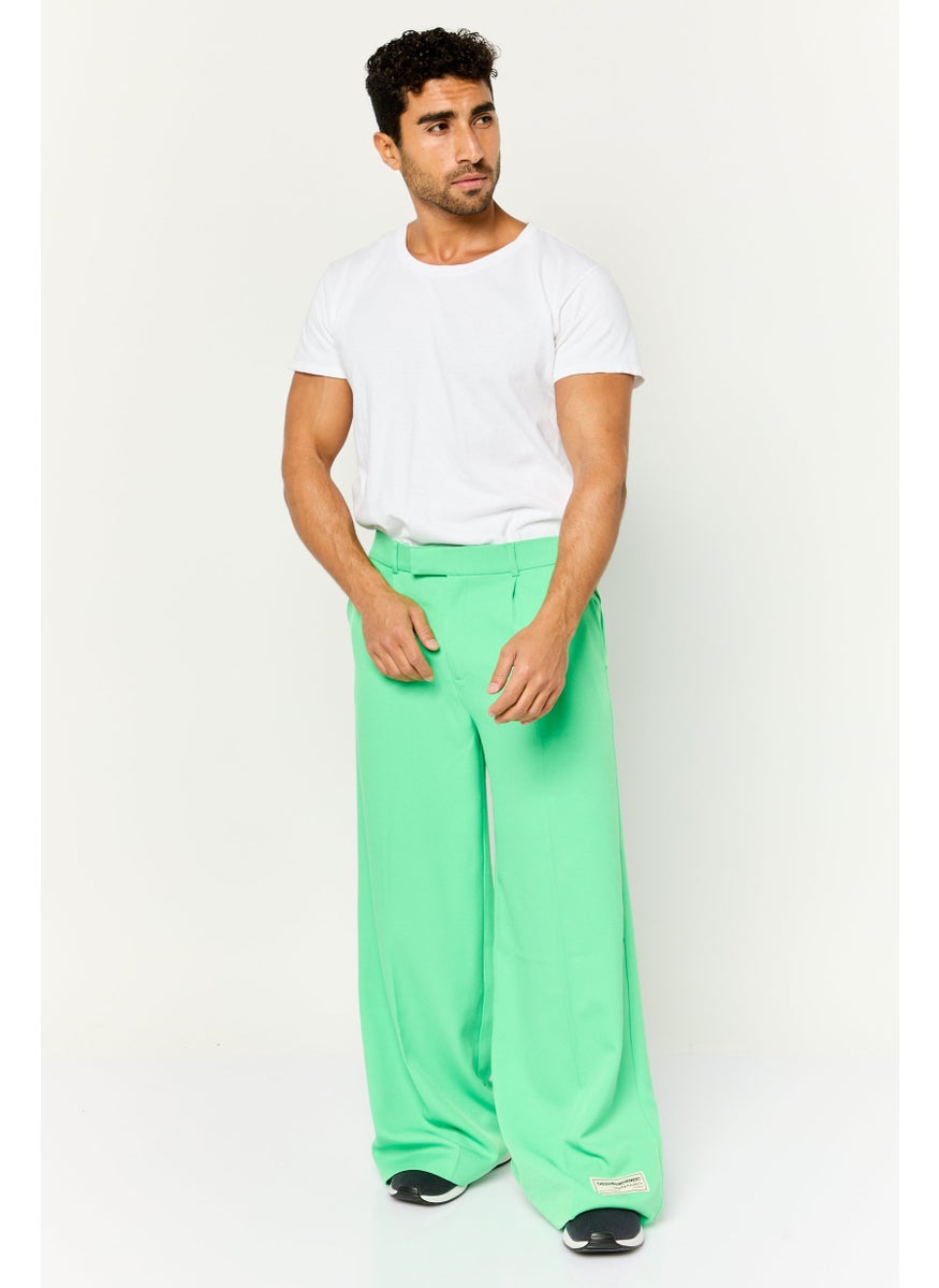 Men Regular Fit Brand Logo Wide Leg Pants, Green