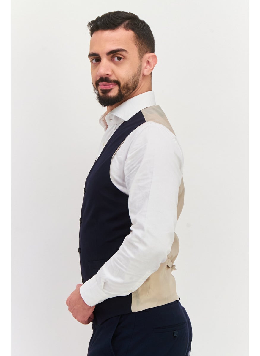 Men V-Neck Sleeveless Plain Vest, Navy Blue