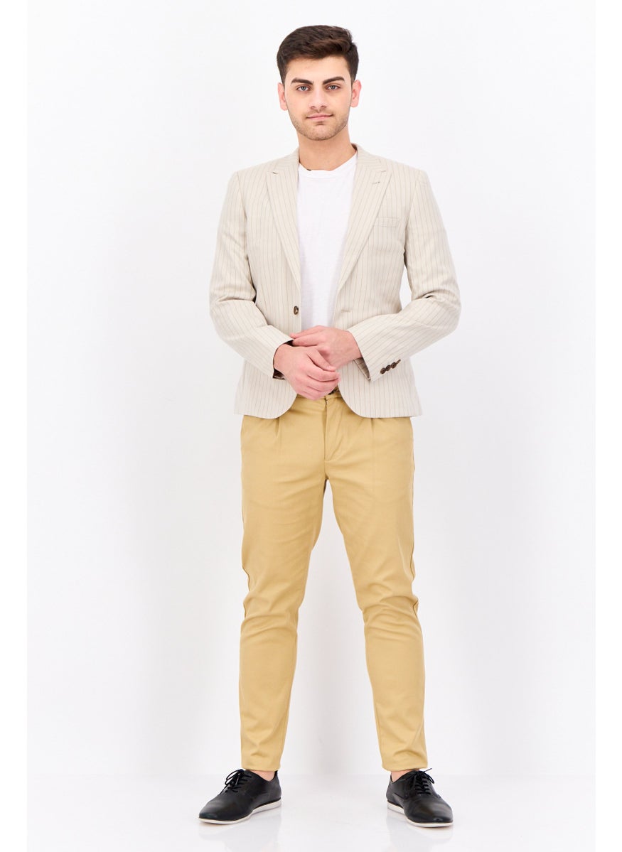 Men Slim Fit Stripped Semi-Formal Suit Jacket, Beige