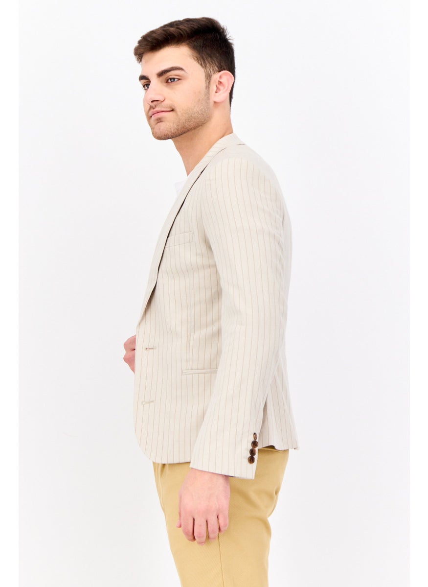 Men Slim Fit Stripped Semi-Formal Suit Jacket, Beige