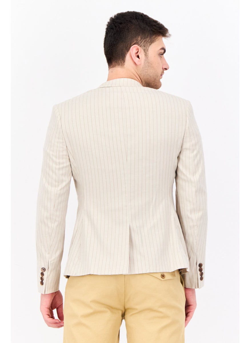 Men Slim Fit Stripped Semi-Formal Suit Jacket, Beige