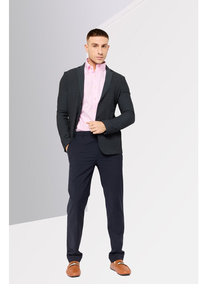 Men Regular Fit Textured Semi Formal Blazer, Navy