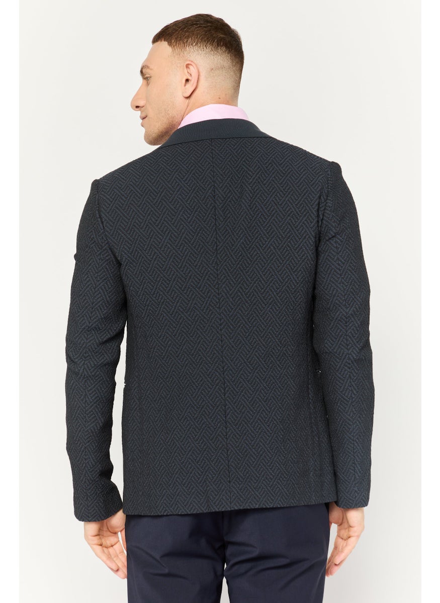 Men Regular Fit Textured Semi Formal Blazer, Navy