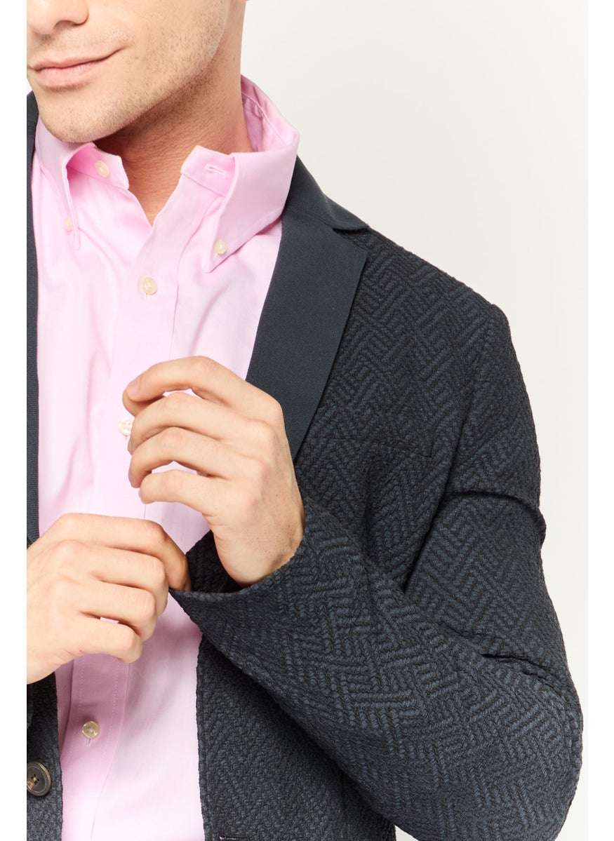 Men Regular Fit Textured Semi Formal Blazer, Navy