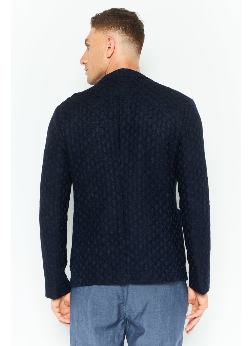 Men Regular Fit Textured Semi-Formal Blazer, Navy
