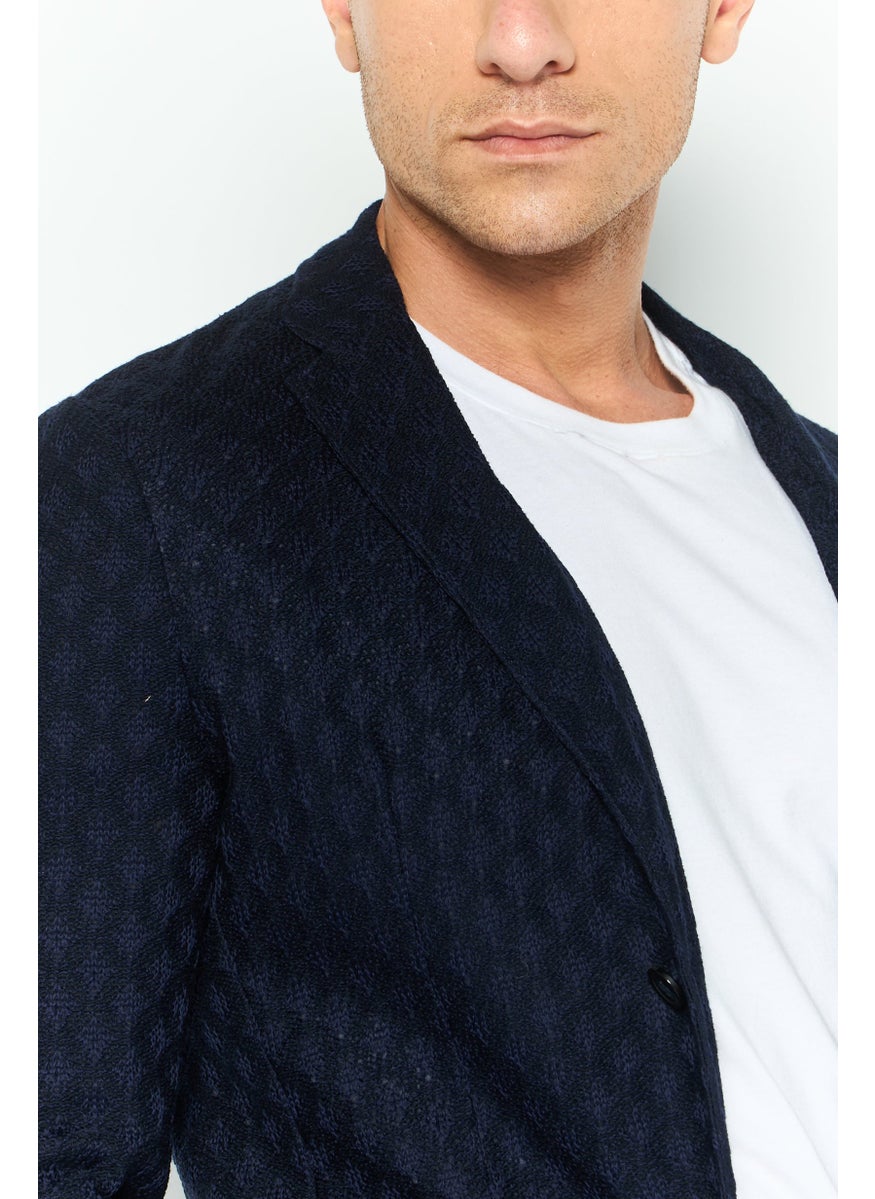 Men Regular Fit Textured Semi-Formal Blazer, Navy