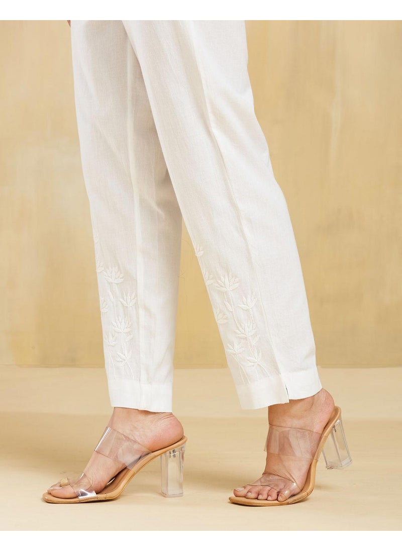 White Cotton Chikankari Slim fit Casual Pant