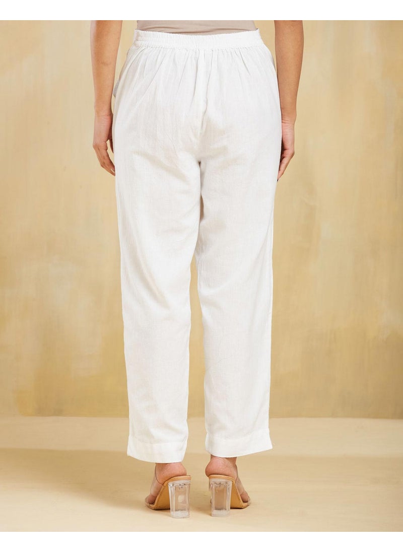 White Cotton Chikankari Slim fit Casual Pant