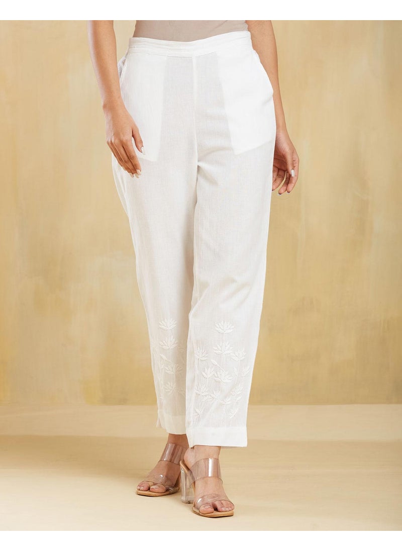 White Cotton Chikankari Slim fit Casual Pant