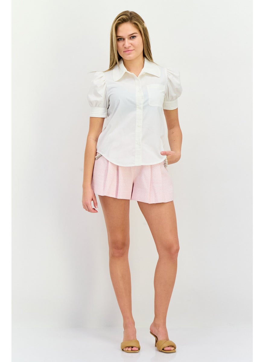 Women Spread Neck Short Sleeves Plain Blouse, White