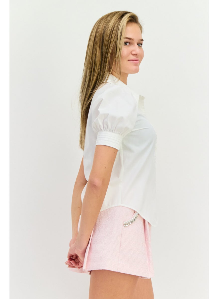 Women Spread Neck Short Sleeves Plain Blouse, White