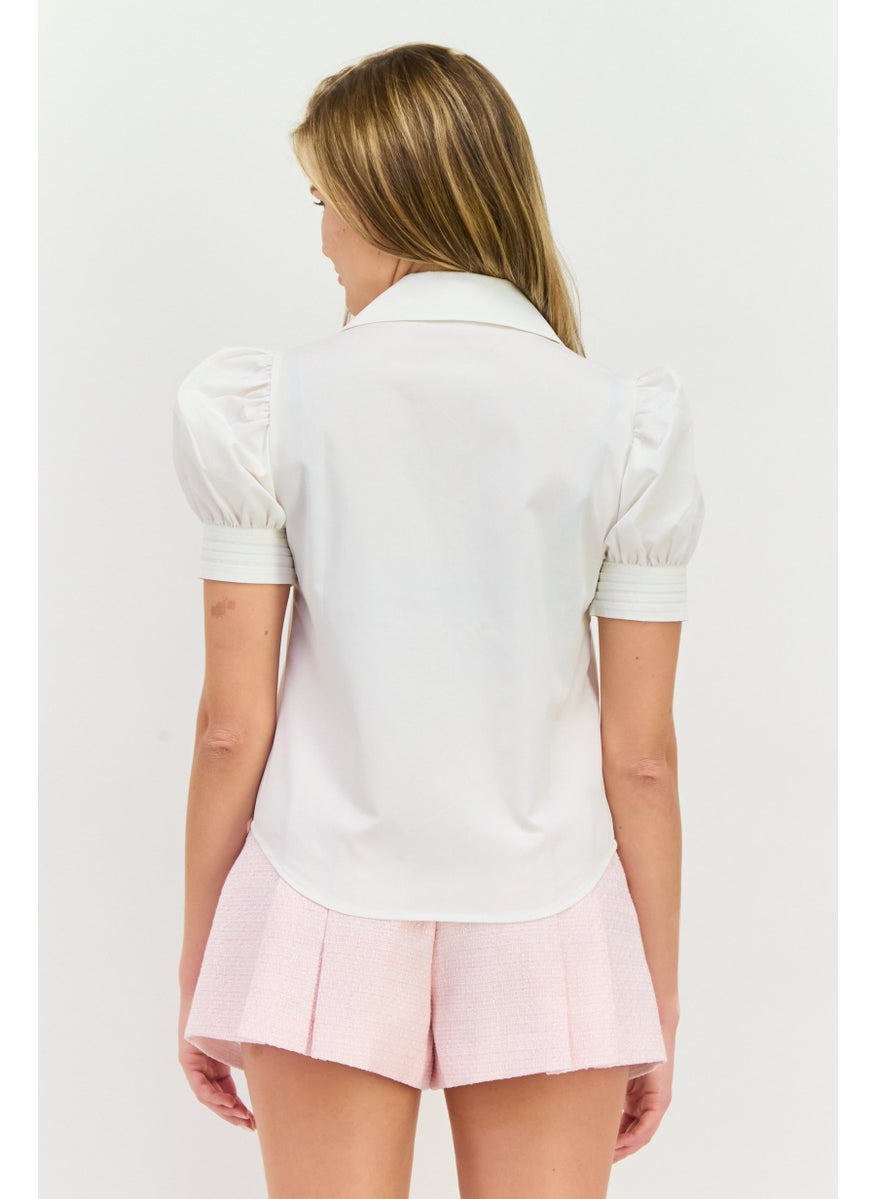 Women Spread Neck Short Sleeves Plain Blouse, White