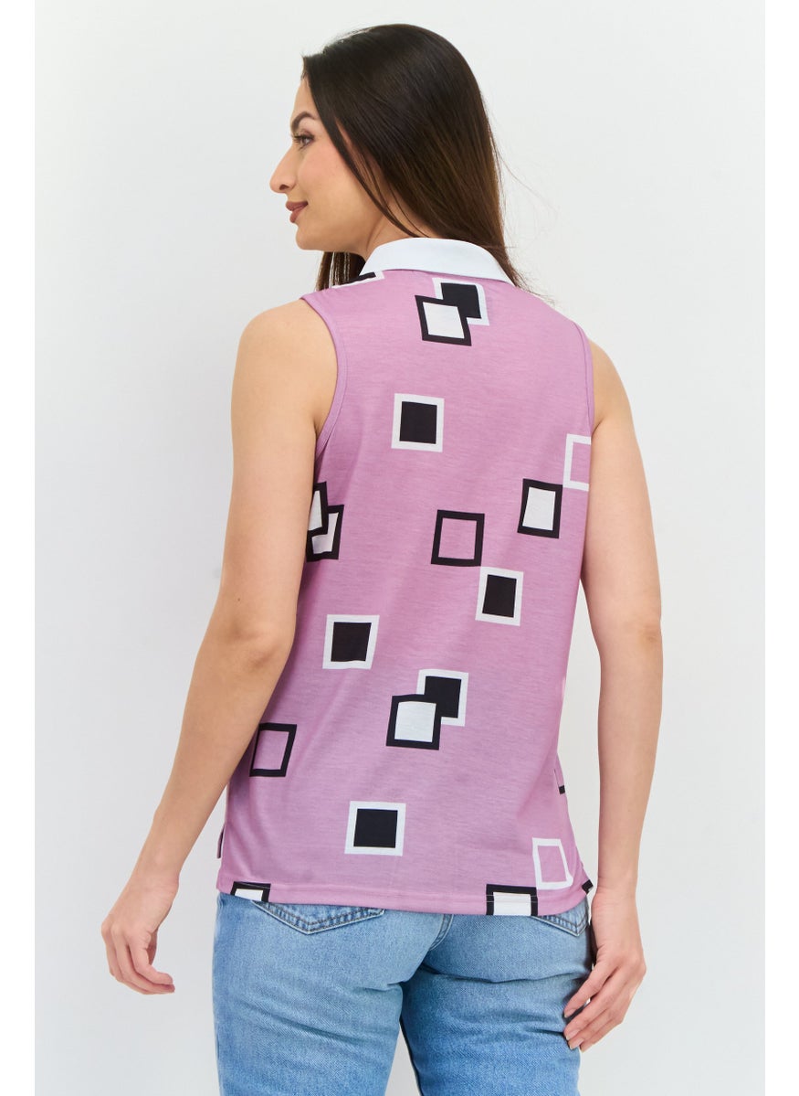 Women Spread Collar Sleeveless Brand Logo Top, Lavender