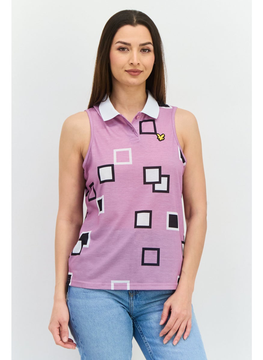 Women Spread Collar Sleeveless Brand Logo Top, Lavender