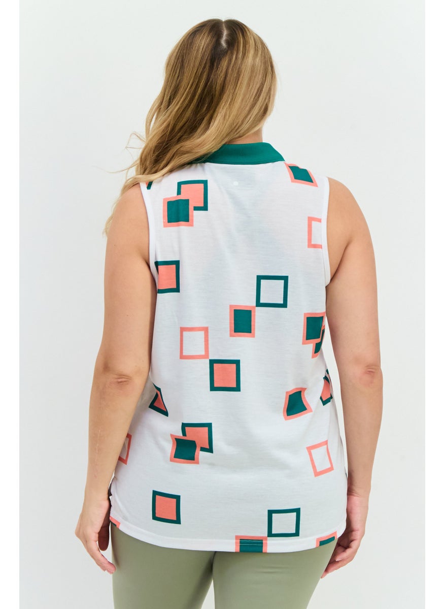 Women Spread Collar Sleeveless Brand Logo Top, White