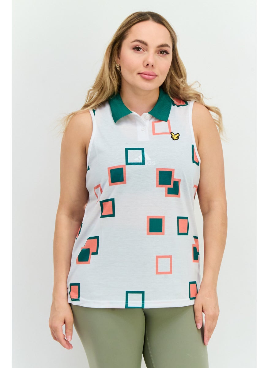 Women Spread Collar Sleeveless Brand Logo Top, White