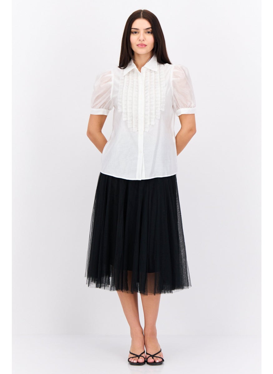 Women Spread Collar Short Sleeves Ruffle Shirt, White