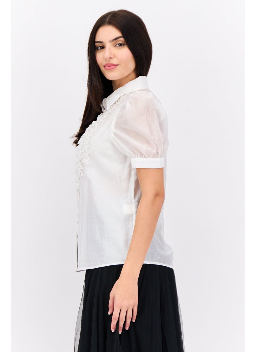 Women Spread Collar Short Sleeves Ruffle Shirt, White