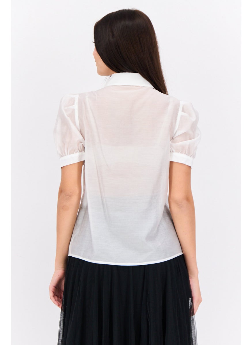 Women Spread Collar Short Sleeves Ruffle Shirt, White