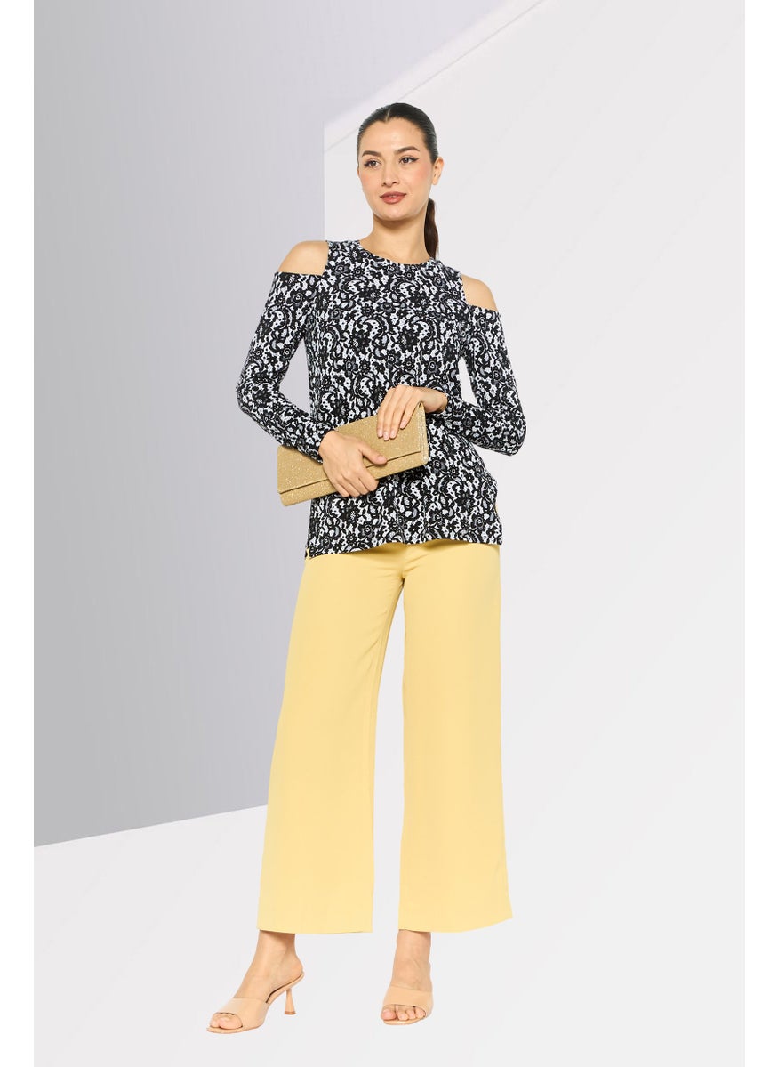 Women Round Neck Cold Shoulder Allover Print Blouse, Black/White
