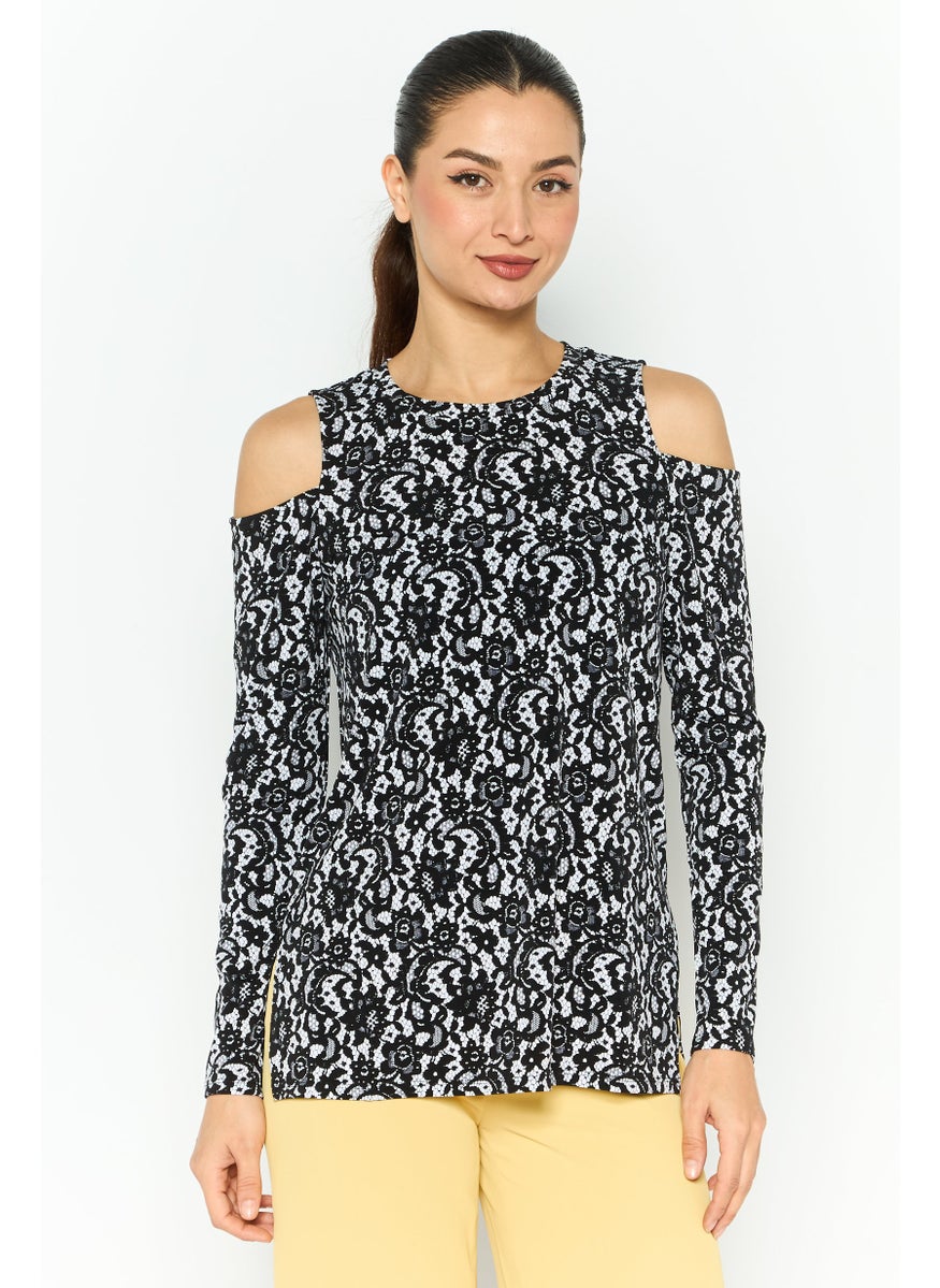 Women Round Neck Cold Shoulder Allover Print Blouse, Black/White
