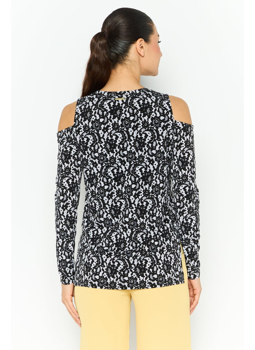 Women Round Neck Cold Shoulder Allover Print Blouse, Black/White