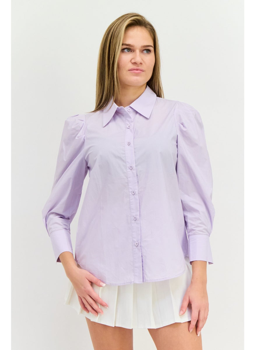 Women Pointed Collar Plain Long Sleeve Shirts, Light Purple